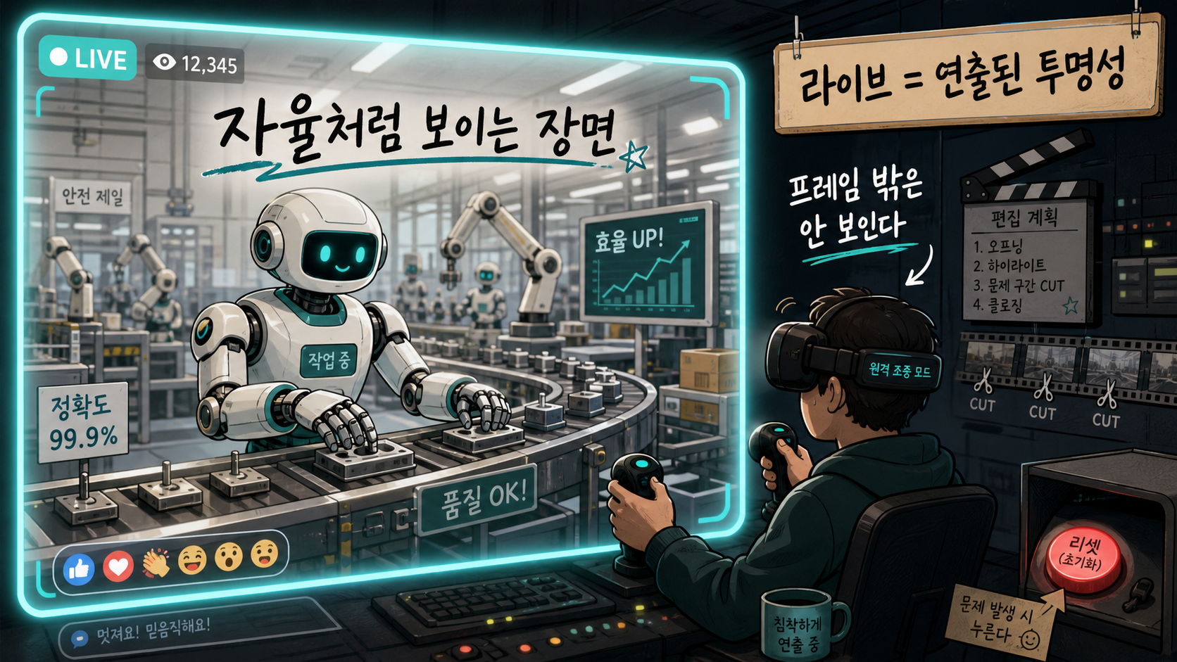 만평 — 라이브 카메라 프레임 안의 '자율', 프레임 밖의 물음표