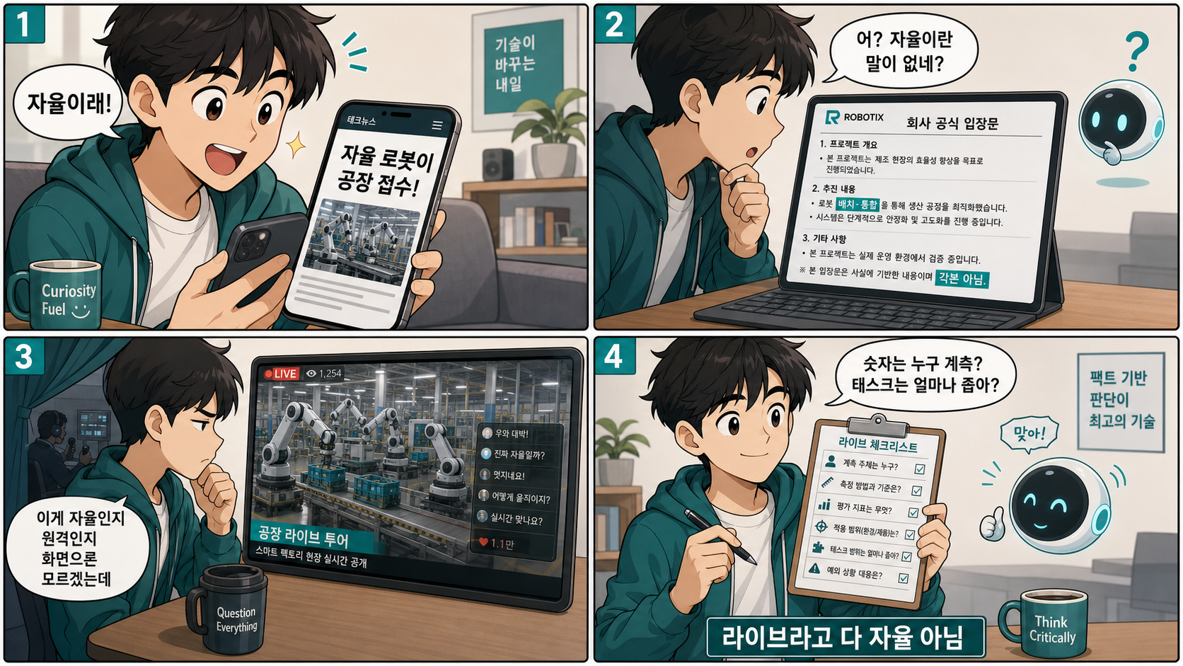 헤드라인 '자율' → 발표문엔 자율 없음 → 라이브로도 자율/원격 구별 못함 → 체크리스트로 읽기: 4컷