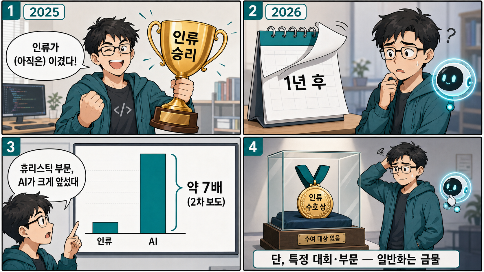 4컷 요약 — 2025 인간 승리("인류가 이겼다") → 1년 뒤 휴리스틱 부문 AI 1위(2차 보도)·'인류 수호 상' 공석, 단 일반화는 금물