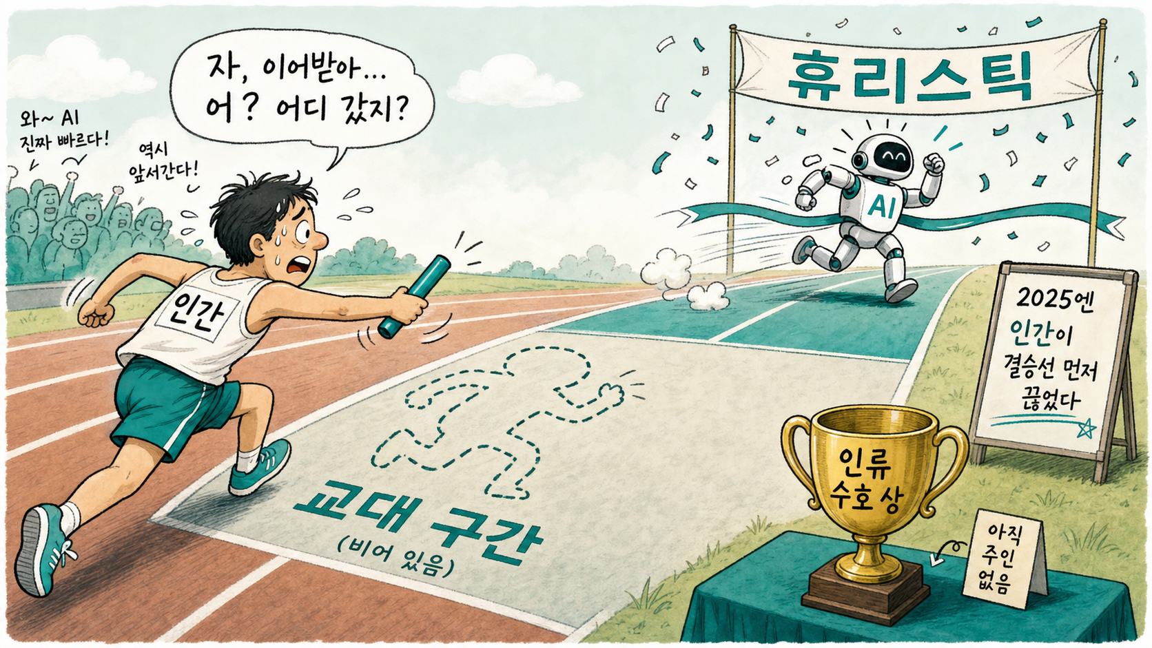 한 컷 만평 — 인간이 배턴을 넘기려는 사이 AI가 '휴리스틱' 결승선을 먼저 통과, '인류 수호 상'은 아직 주인 없음 (2025엔 인간이 먼저 끊었다)