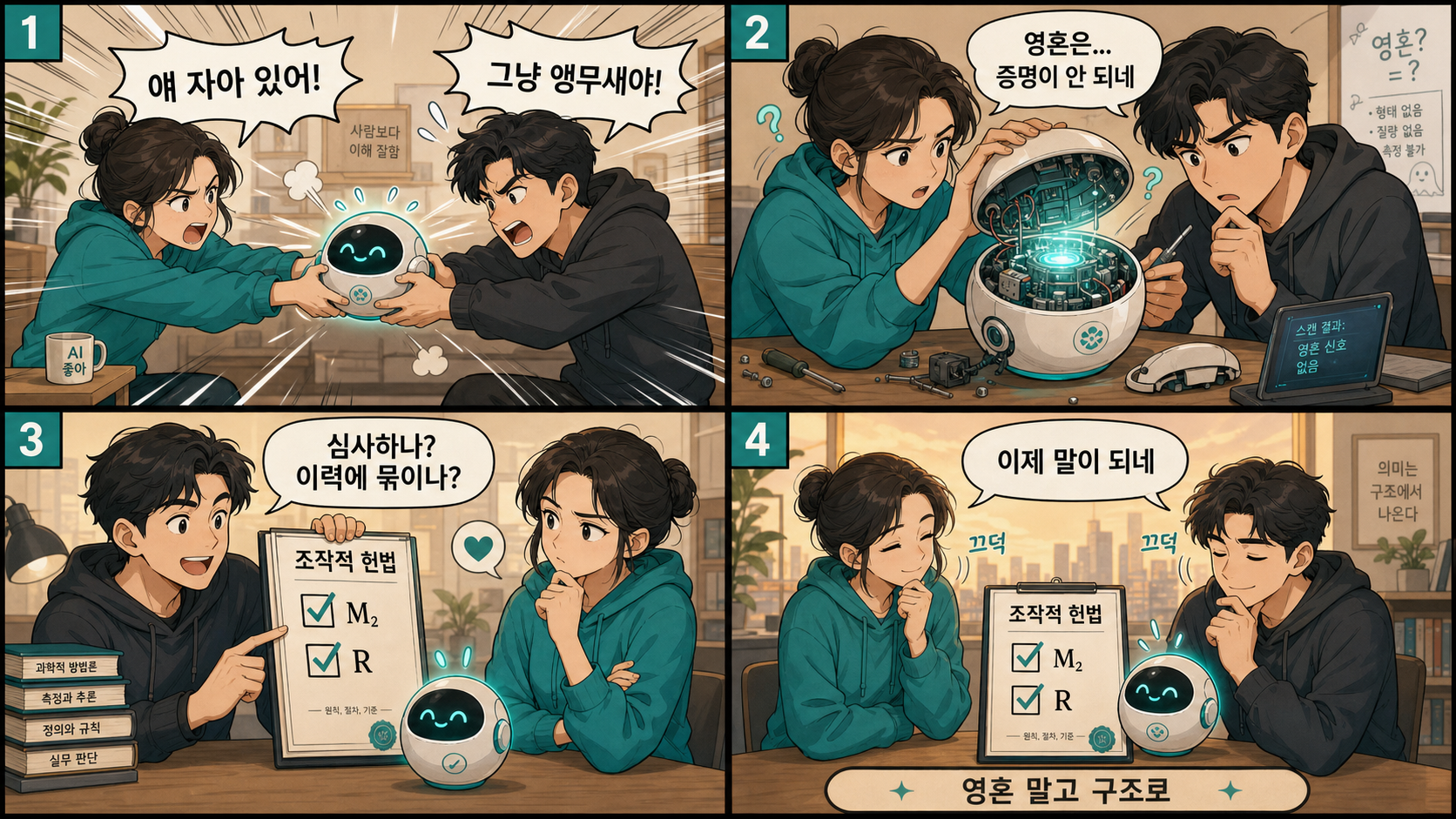 영혼은 증명이 안 된다 → 조작적 헌법으로 M₂·R을 체크한다 → "영혼 말고 구조로"