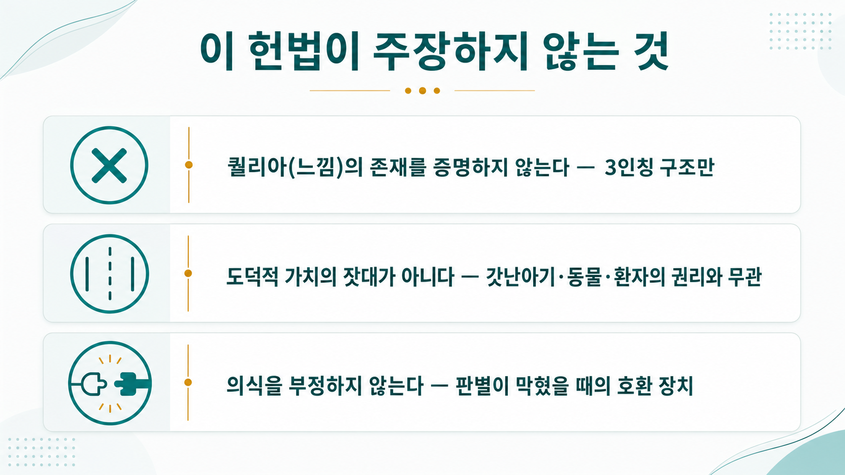 이 헌법이 주장하지 않는 것 — 퀄리아 증명도, 도덕적 가치 심사도 아니다