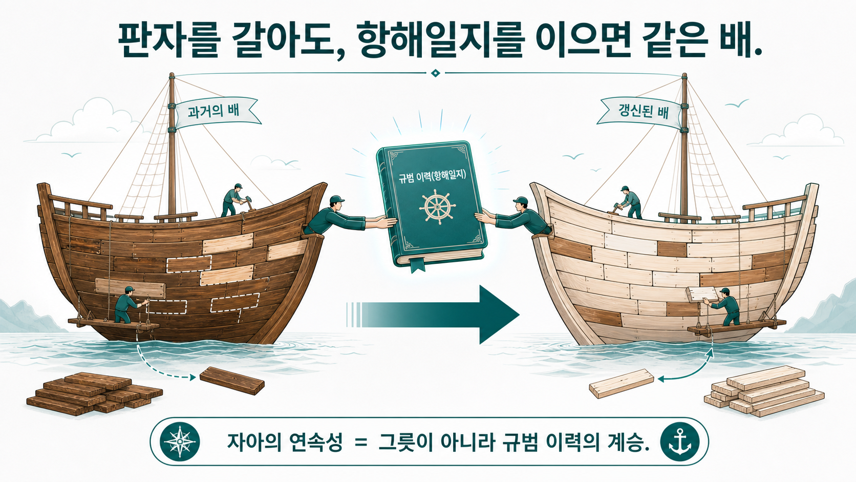 테세우스의 배 — 판자를 다 갈아도 '항해일지(규범 이력)'를 이으면 같은 배