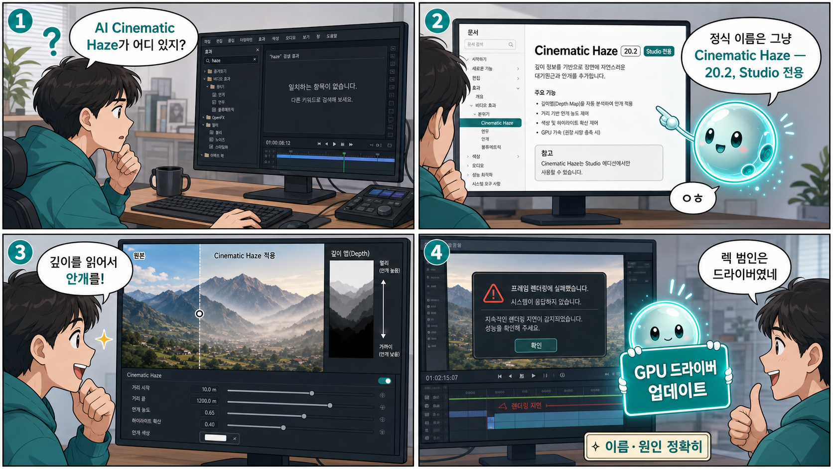 4컷 요약 — 이름은 그냥 Cinematic Haze(20.2·Studio), 원리는 깊이 기반 안개, 렉의 범인은 GPU 드라이버