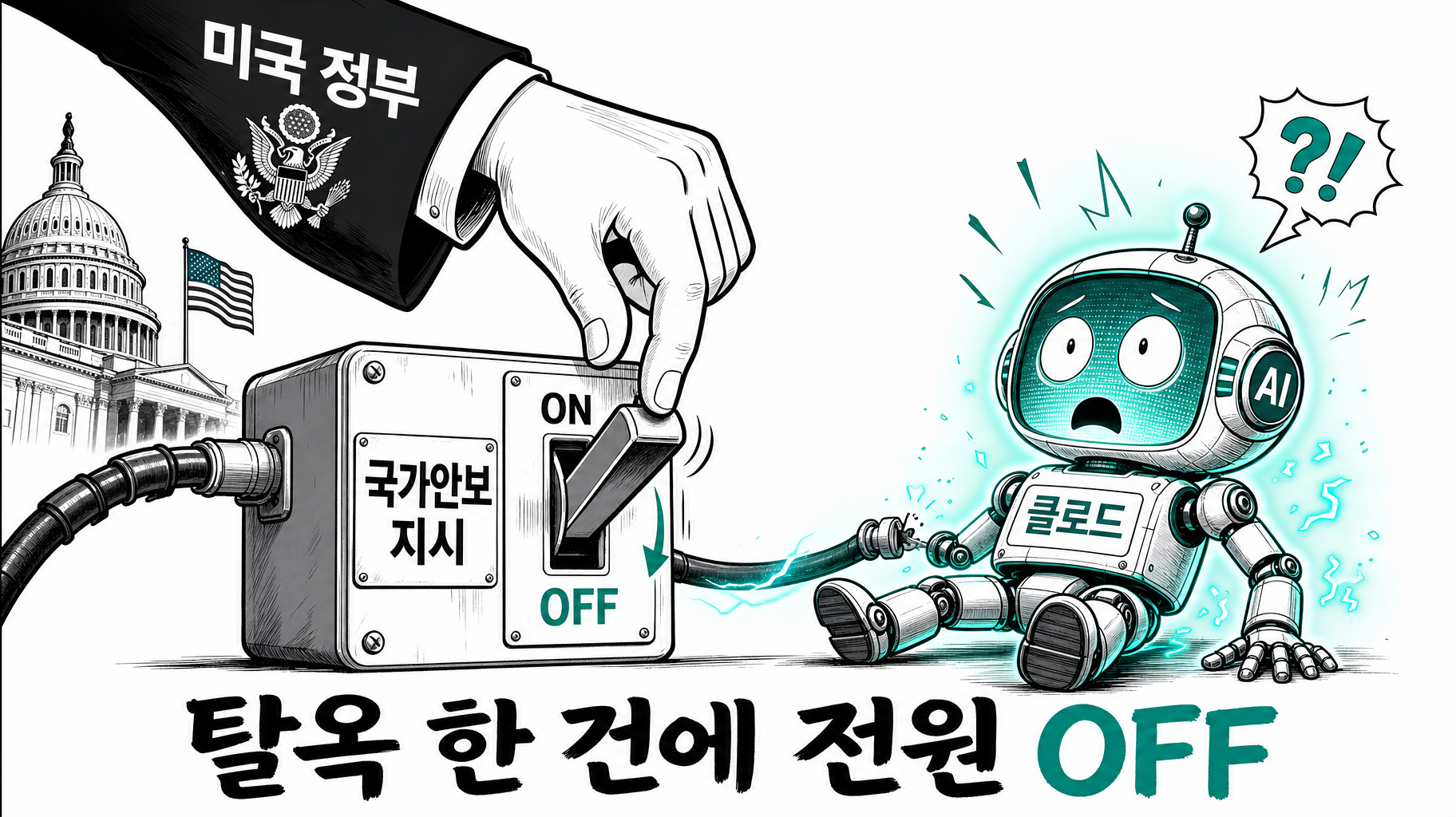 거대한 정부의 손이 'AI 안전 관리 지침'을 들고 스위치를 내린다 — 탈옥 한 건에 전원 OFF라는 풍자