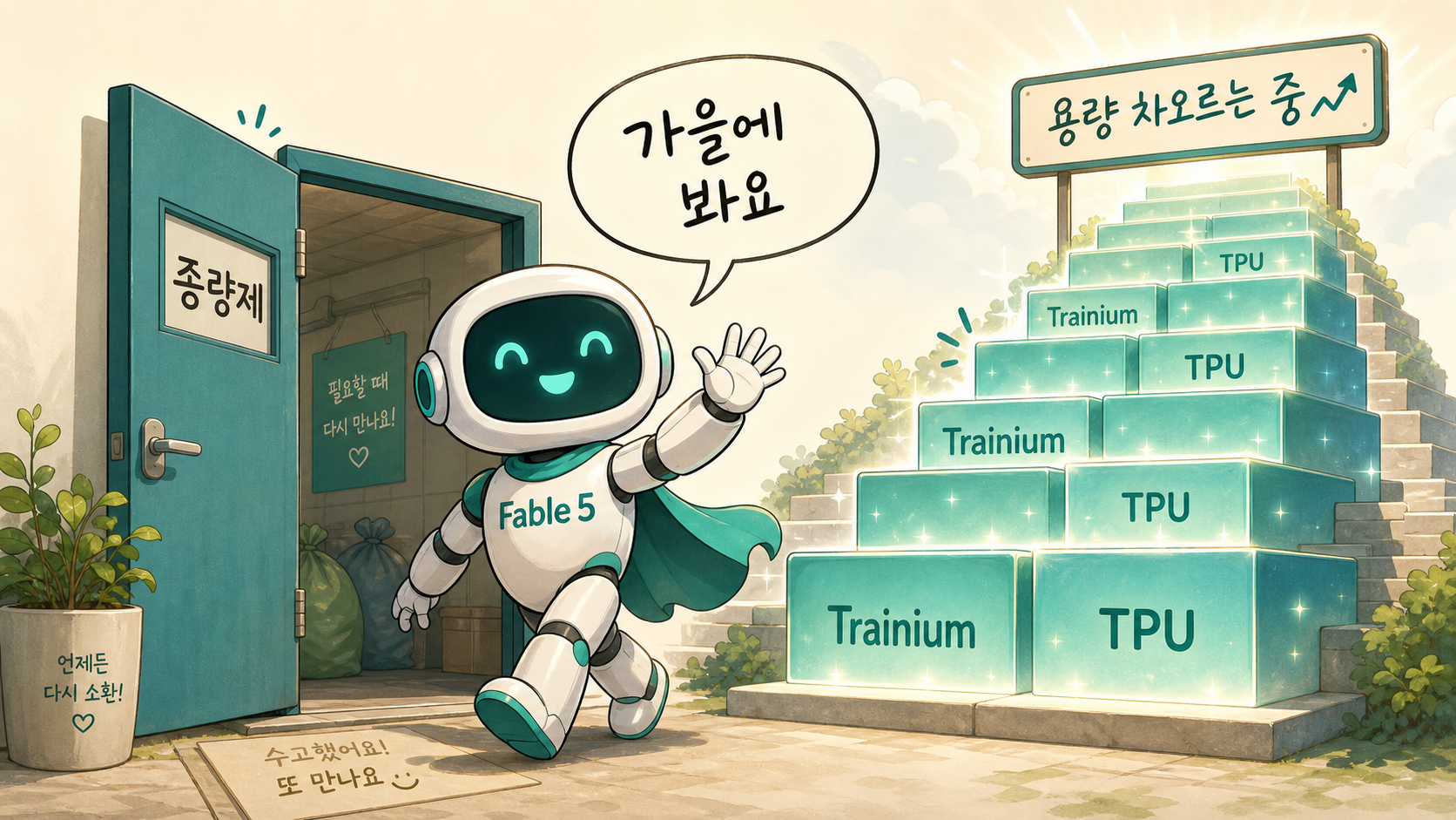 만평 — "가을에 봐요" 손 흔드는 Fable, 뒤에서 차오르는 용량 계단