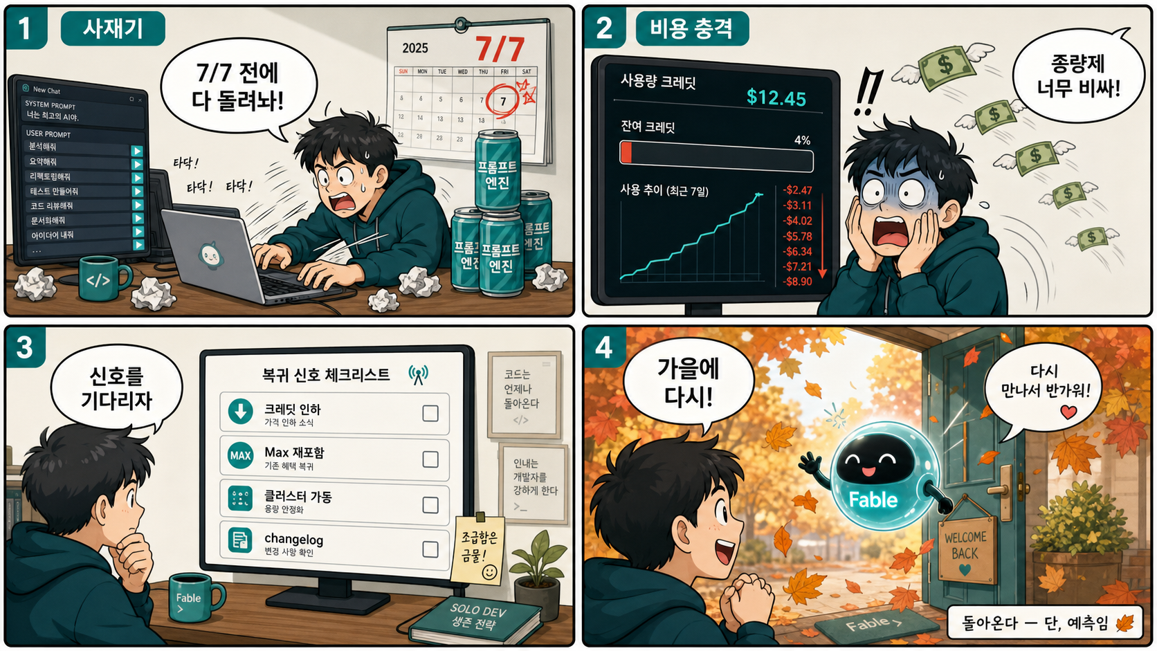7/7 전 사재기 → 종량제 비용 충격 → 복귀 신호 대기 → 가을 복귀(단, 예측): 4컷