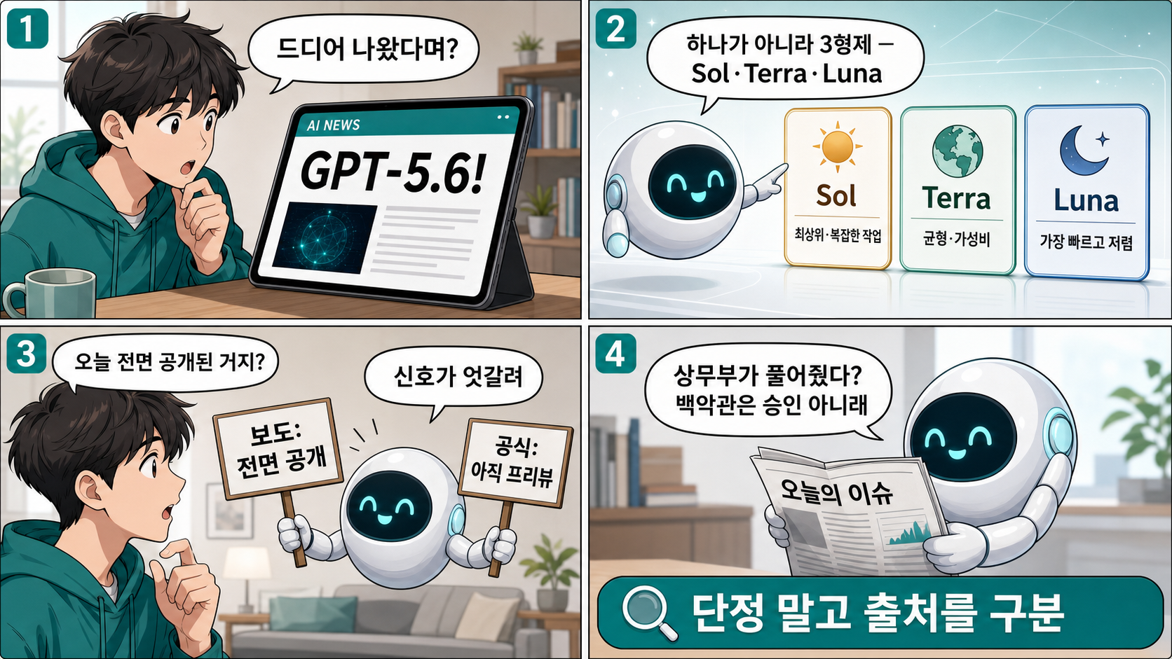 4컷 요약 — GPT-5.6은 3형제(Sol·Terra·Luna), '전면 공개'는 보도 vs 공식이 엇갈림, 규제도 백악관이 '승인 아님' 반박