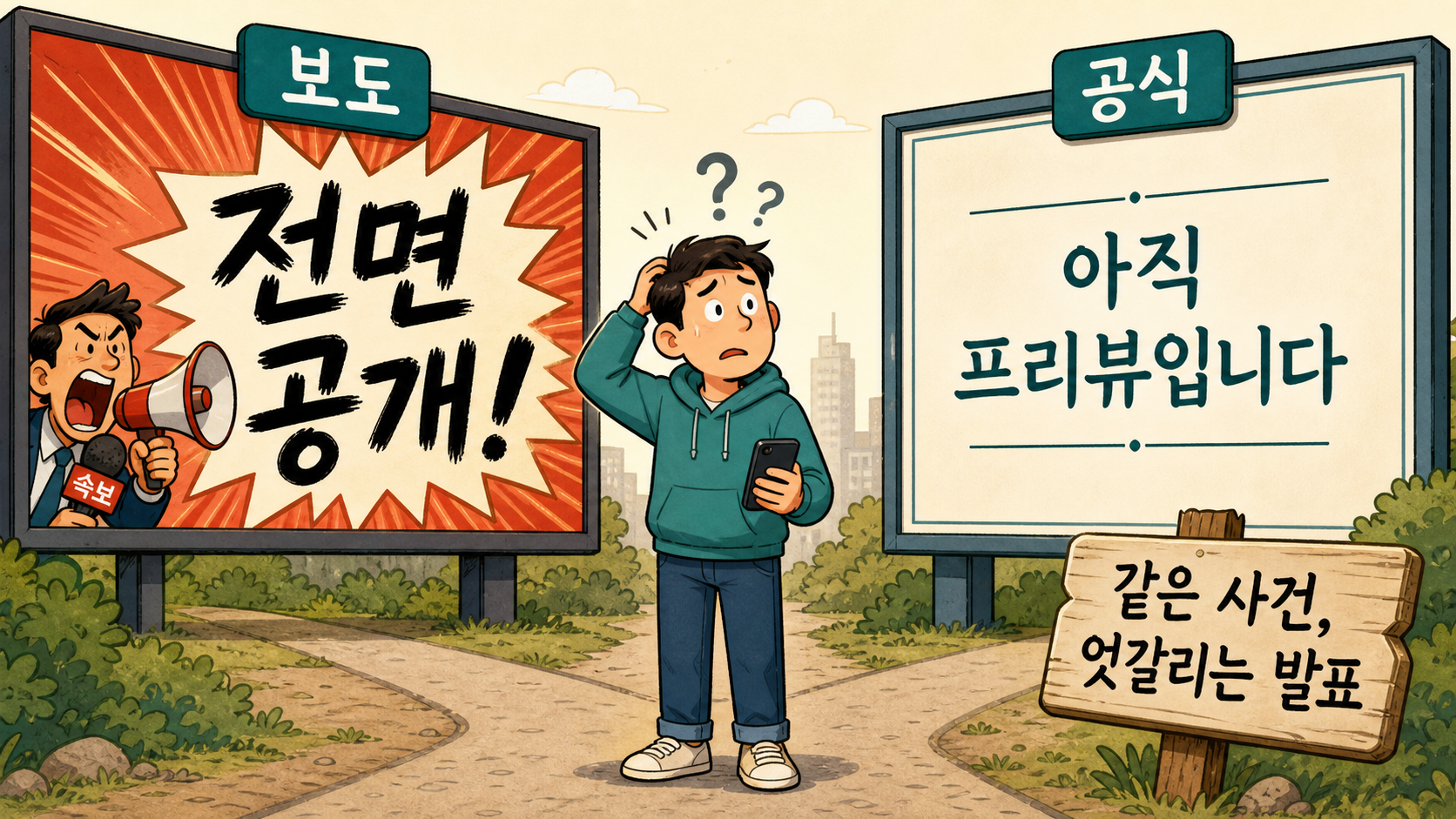 같은 사건, 엇갈리는 발표 — 한쪽은 '전면 공개!', 다른 쪽(공식)은 '아직 프리뷰'