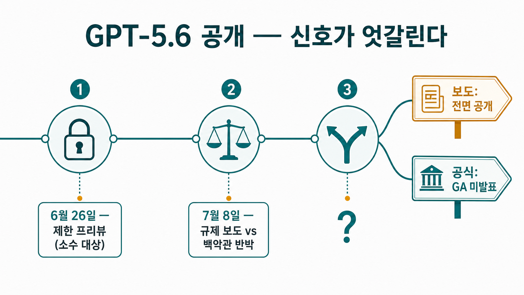 6/26 제한 프리뷰 → 7/8 규제 보도 vs 백악관 반박 → 7/9 '전면 공개' 보도 vs 공식 'GA 미발표'(엇갈림)