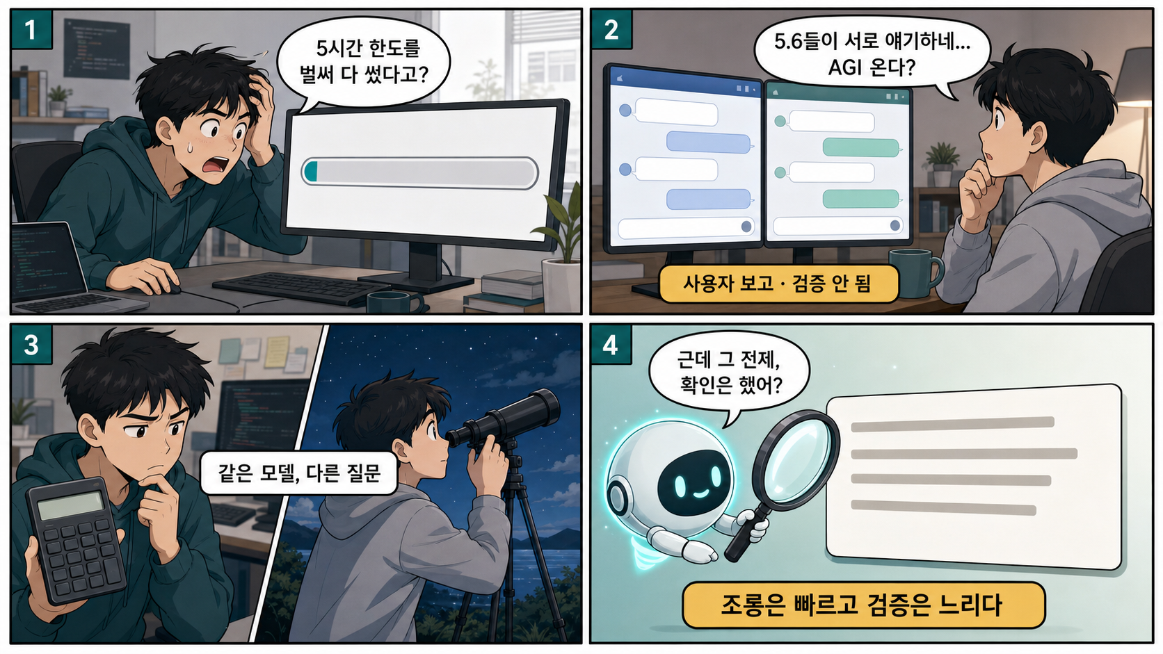 4컷 요약 — 한쪽은 토큰 청구서를, 한쪽은 자가개선을 봤다. 안전 우려 발언은 확인됐고, '안전은 핑계'라는 동기 단정은 확인되지 않았다