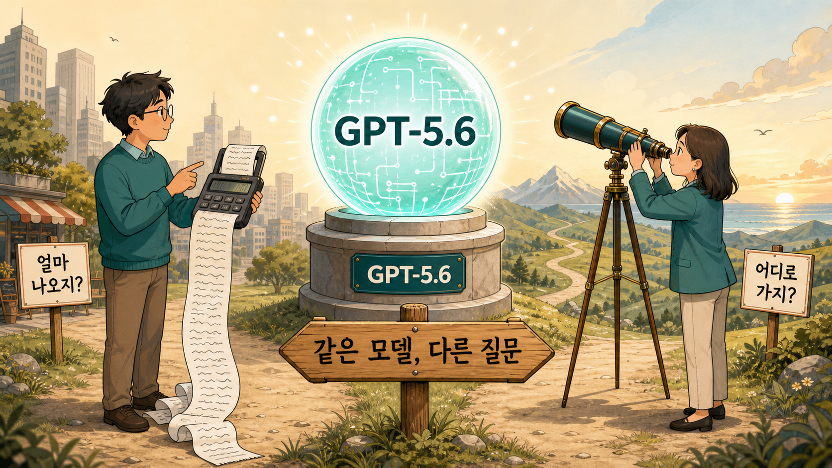 만평 — 같은 모델을 앞에 두고 한쪽은 계산기를, 다른 쪽은 망원경을 들었다