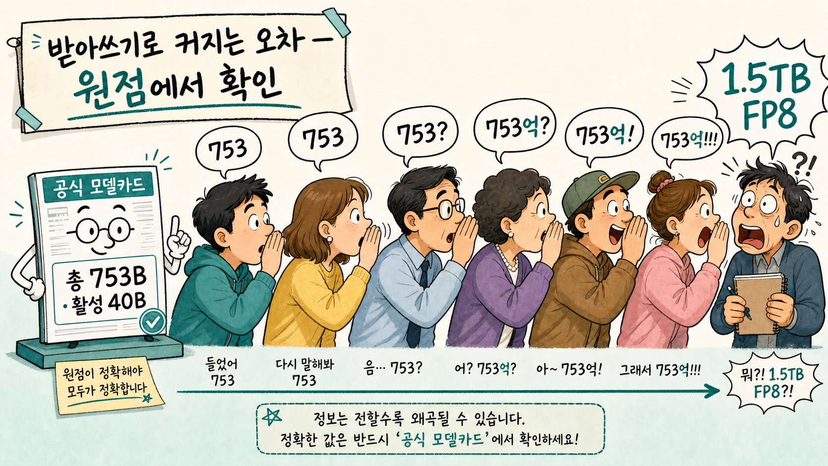 만평 — 전할수록 커지는 숫자 오차, 그리고 공식 모델카드라는 원점