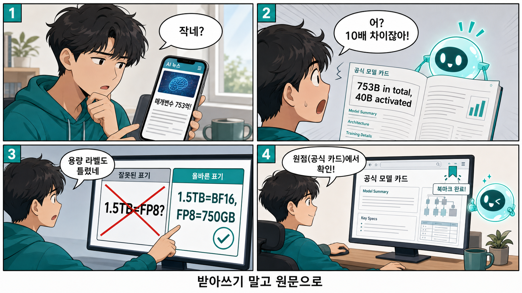 파라미터·용량은 헷갈리기 쉽다 — 총 753B·활성 40B, 1.5TB는 BF16. 공식 모델카드(원문)에서 확인: 4컷