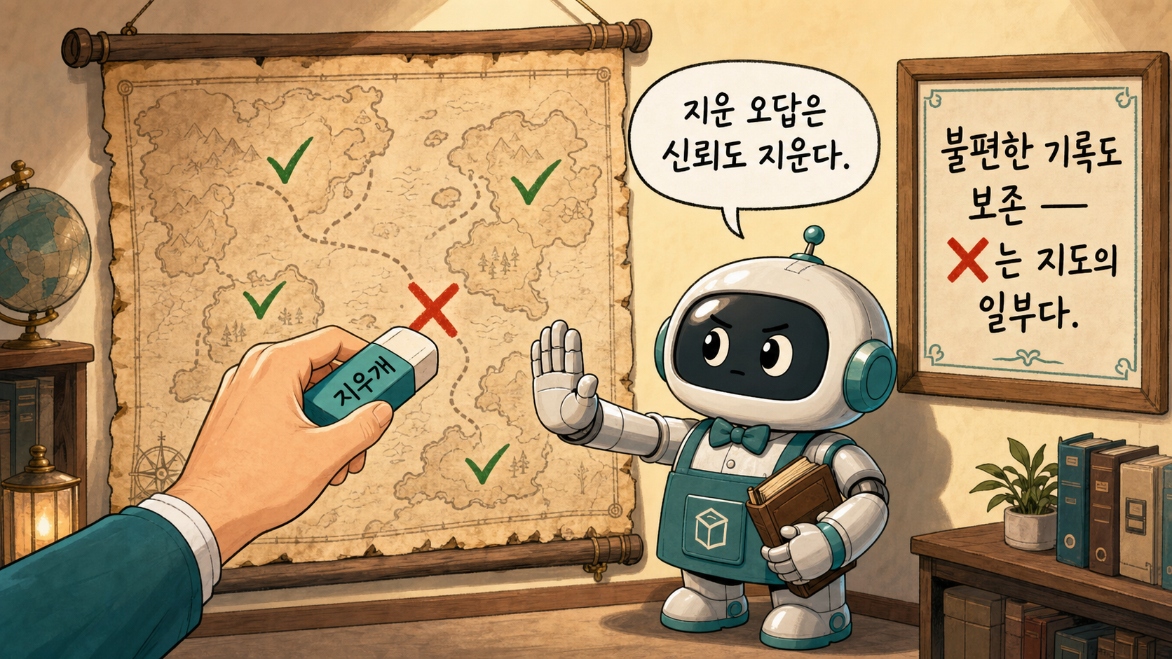 만평 — ❌를 지우려는 손, 그리고 그것을 막는 개정 규칙: 불편한 기록도 지도의 일부다
