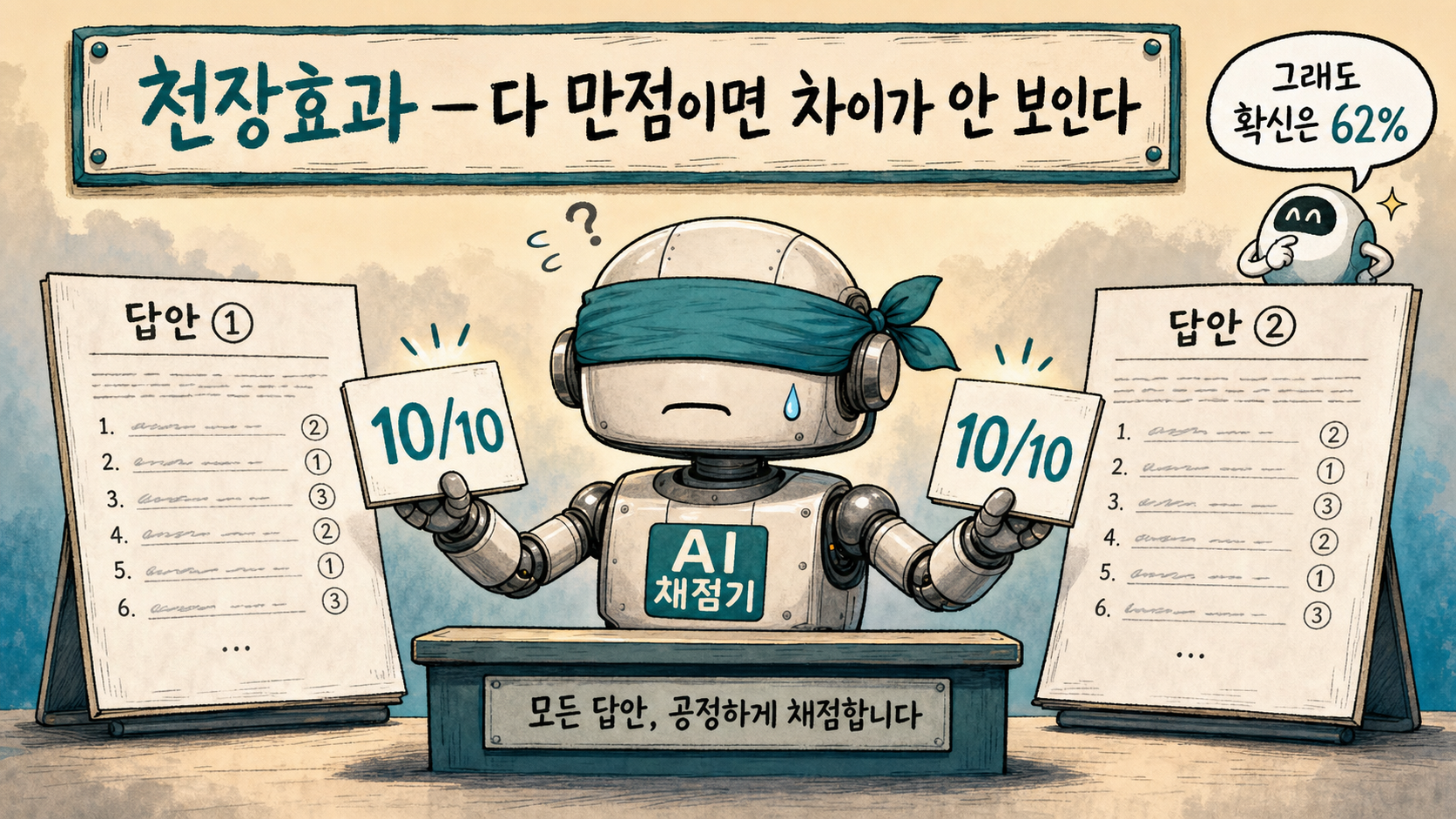천장효과 — 다 만점이면 차이가 안 보인다. 그래도 "다르다"는 확신은 62%