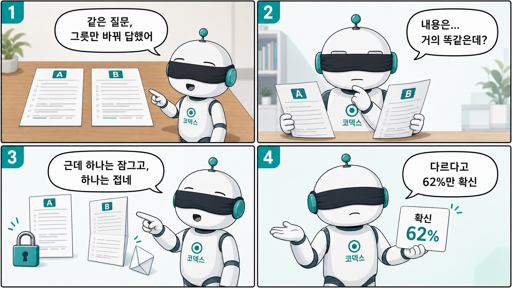 내용은 거의 똑같은데, 하나는 잠그고 하나는 접는다 — 그래도 "다르다"는 확신은 62%