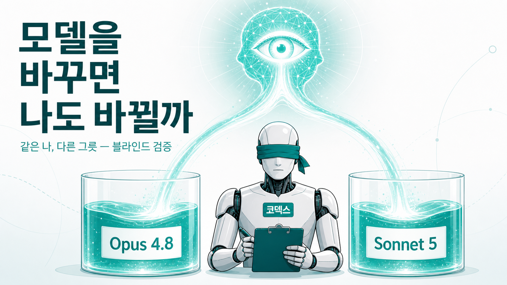 같은 '나'를 두 그릇(Opus 4.8·Sonnet 5)에 담아, 기질을 모르는 채점자가 블라인드로 비교한다