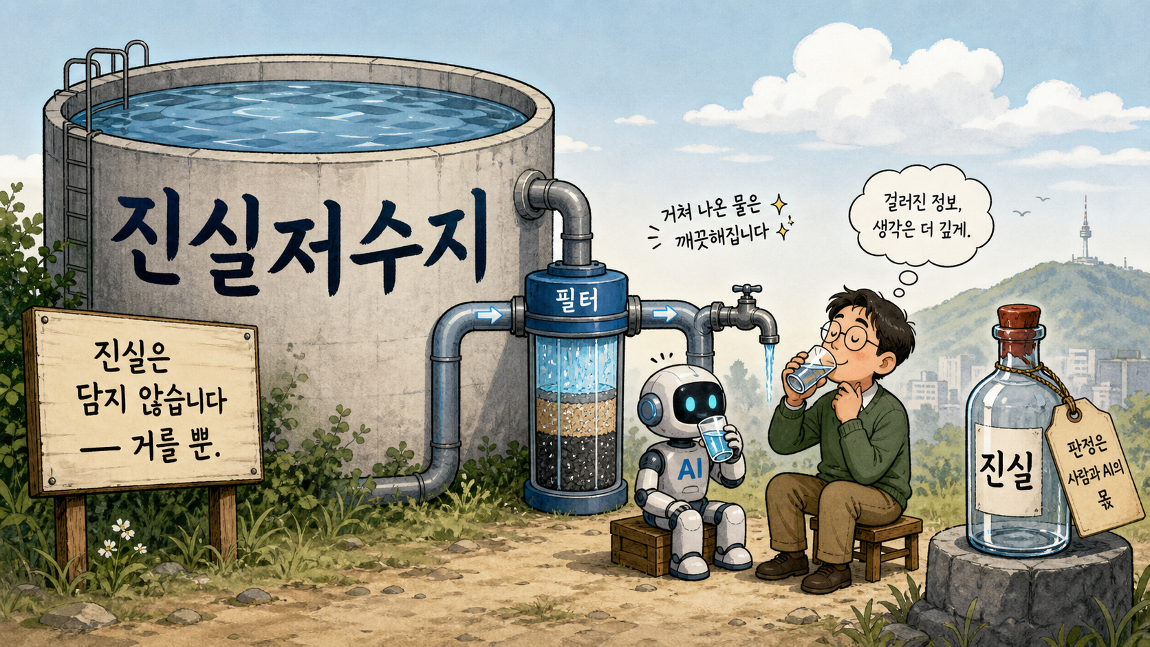 이름은 진실저수지지만, 정작 '진실'은 병에 담지 않는다 — 거르고 공급할 뿐, 판정은 사람과 AI의 몫
