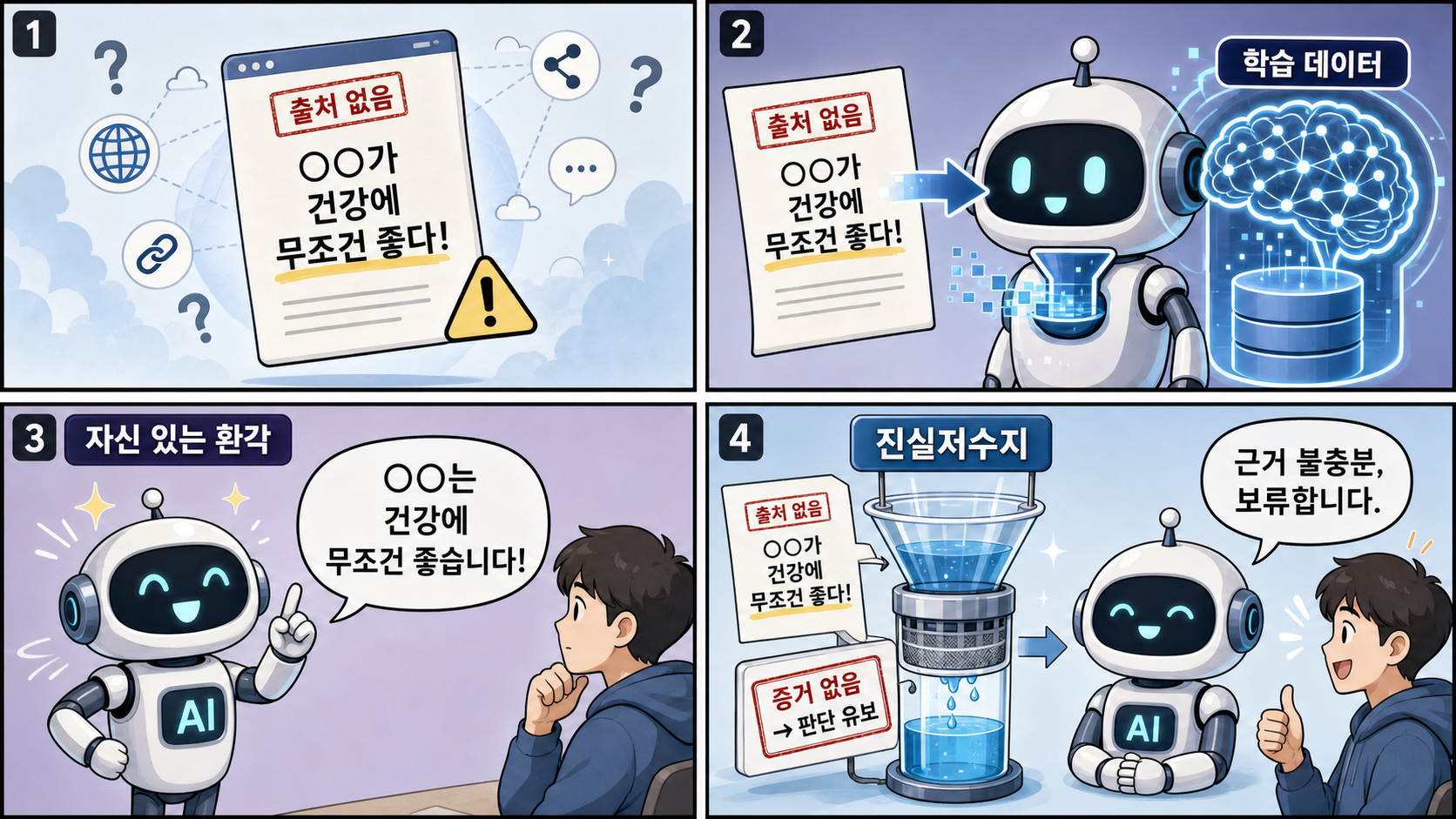 출처 없는 그럴듯한 거짓이 AI를 거쳐 '자신 있는 환각'으로 재생산되는 길목을, 진실저수지가 '증거 없음 → 판단 유보'로 끊는다