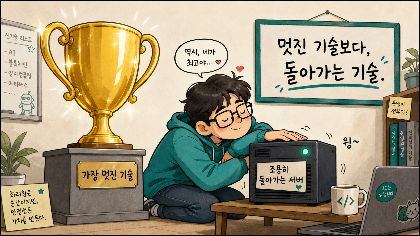 만평 — '가장 멋진 기술' 트로피 대신, 조용히 돌아가는 서버