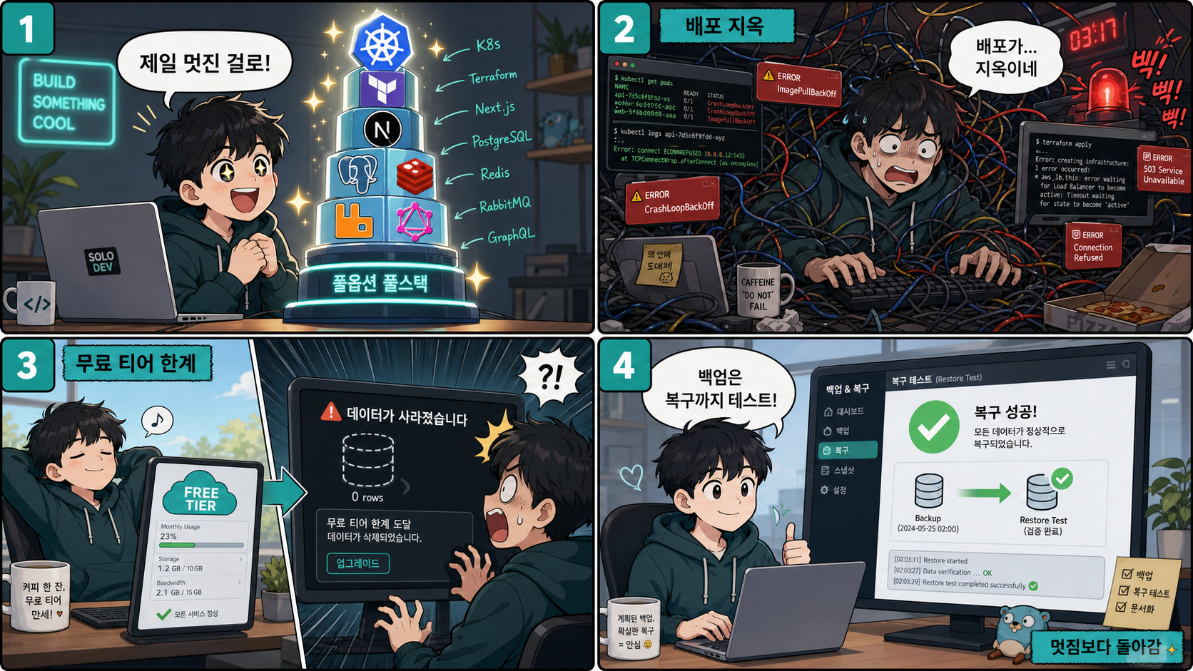 흔한 함정 — 멋진 기술 고르다 배포 지옥, 무료 티어 믿다 데이터 증발, 결국 복구 테스트