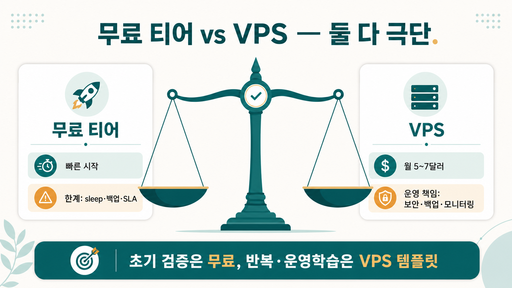 무료 티어(빠르지만 한계) ↔ VPS(싸지만 운영 책임) — 극단 사이의 현실 기준