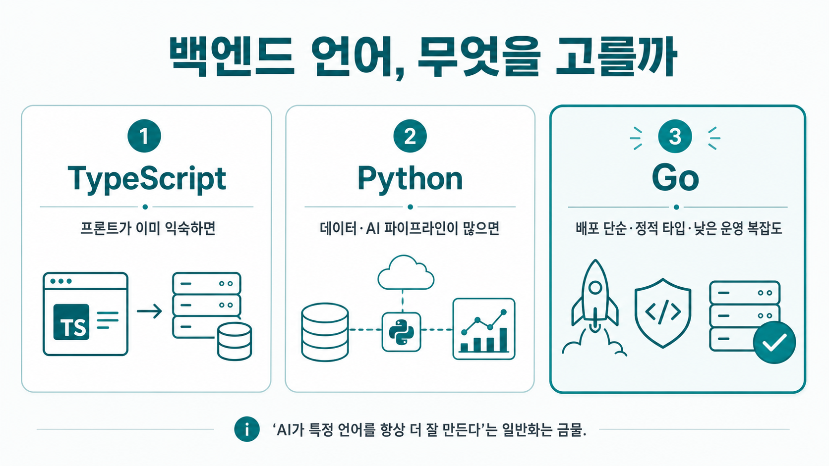 프론트 익숙→TS, 데이터·AI→Python, 배포단순·정적타입→Go